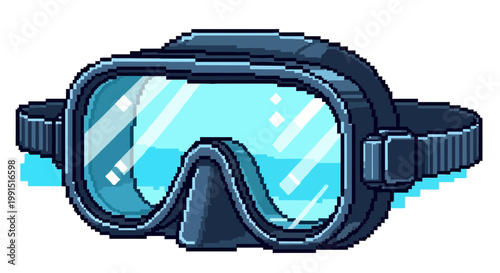 Pixel art scuba diving mask illustration with blue tinted lenses black frame adjustable strap design and vintage 8-bit graphics style