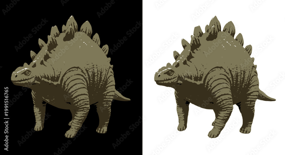 Fototapeta premium Stegosaurus dinosaur illustration detailed rough texture design Jurassic era reptile with plates isolated on split black and white background