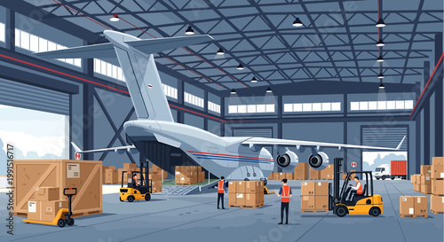 Cargo airplane being loaded with boxes in a warehouse.