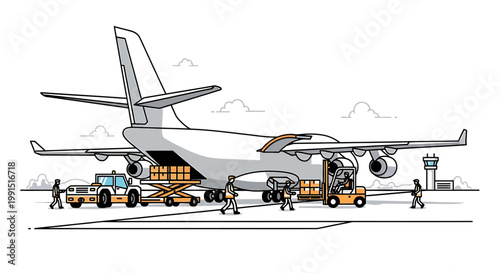 Cargo airplane being loaded with goods at an airport tarmac.