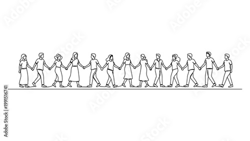 A long line of diverse people holding hands in a simple black and white line art illustration. Continuous line style. Hand drawn. Line art. Vector design. illustration
