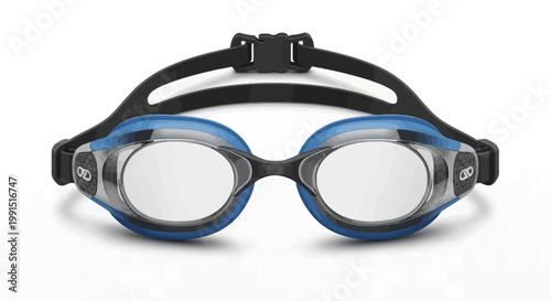 Sleek blue swimming goggles with clear lenses and black strap for competitive swim training and eye protection in cartoon style illustration