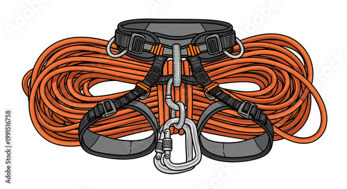 Climbing harness with orange rope.