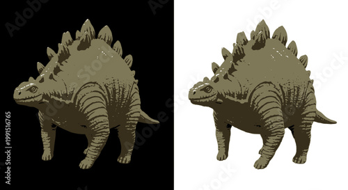 Stegosaurus dinosaur illustration detailed rough texture design Jurassic era reptile with plates isolated on split black and white background