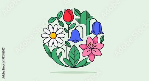 Vector illustration of assorted flowers arranged in a circular design; rose daisy lily and bellflowers with leaves in cartoon style