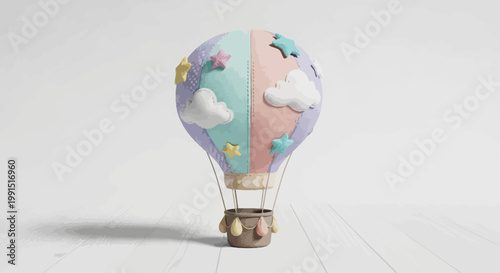 Whimsical hot air balloon illustration with pastel colors clouds and stars against a dreamy skyscape backdrop in cartoon style