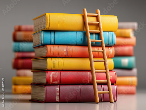 Books stacked with ladder illustrating the climb to knowledge and success