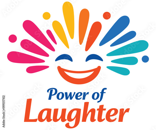 Joyful and vibrant illustration symbolizing happiness and mirth. Features a smiling face surrounded by a burst of colorful, dynamic shapes representing laughter and positive emotions.