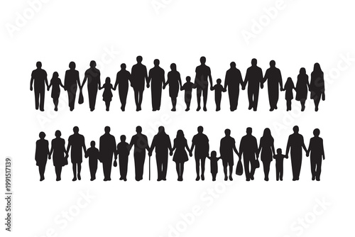 Black silhouettes of a diverse group of people holding hands in rows for unity concept