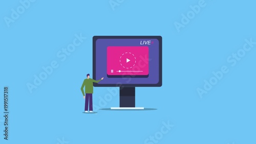 Corporate professional or social influencer presenting live streaming on digital screen, using Wi-Fi network, brand visibility across social platforms.