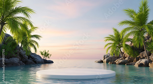 Serene tropical ocean scene with podium for product display at sunset