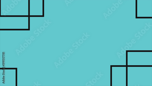 Abstract black outlined overlapping squares on turquoise background with minimalist geometric decorative frame design