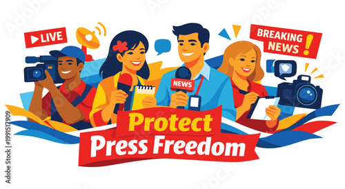Dynamic poster showing media team and breaking news broadcast symbols. Journalists with microphone and video camera reporting live events. Advocacy for free press and information access concept.