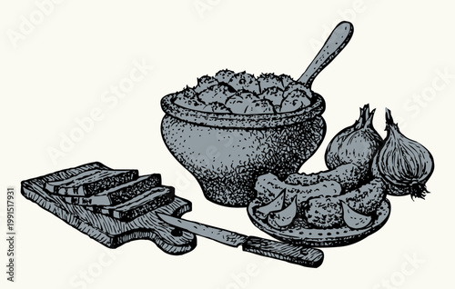 Vector still life. Traditional Slavic food: potatoes in a clay pot