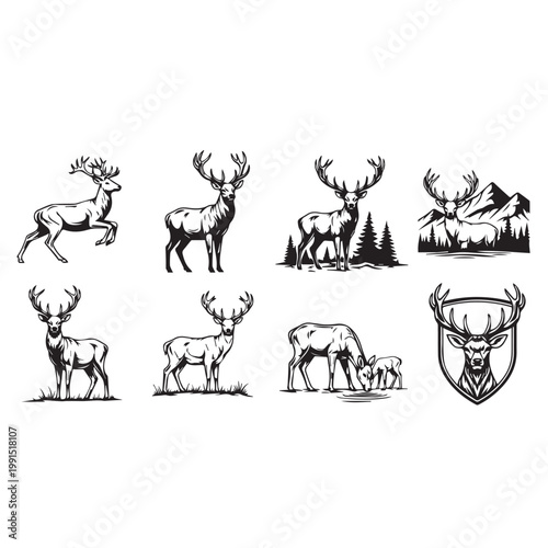 Wildlife Deer and Stag Silhouette Vector Collection with Forest Mountain Scenes and Shield Badges