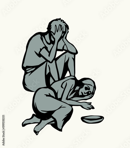 People suffering from hunger. Vector drawing
