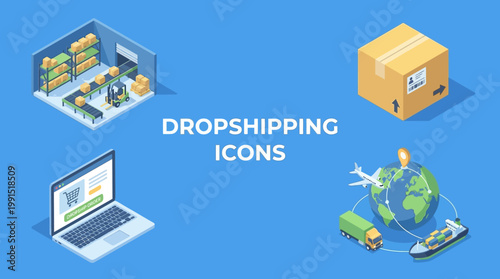 Isometric dropshipping icon sheet with warehouse, package, laptop, global delivery