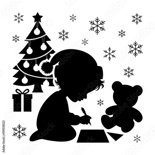 Vector of a child writing near a christmas tree with a teddy bear on a snowy night