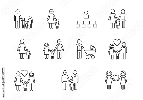 Diverse Family and Relationship Line Icon Set: Parenting, Genealogy, and LGBT Inclusive Symbols