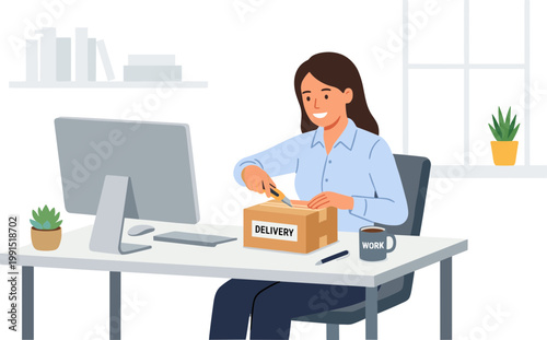 Woman unpacking a delivery box at her office desk with computer