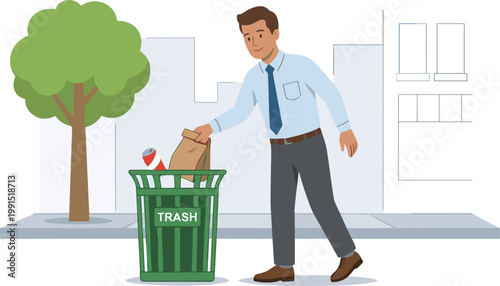 Man throwing trash into green bin on city street near tree