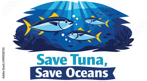 Underwater scene with tuna fish swimming through rays of light. Marine life conservation concept with deep blue sea and coral silhouettes. Environment protection and sustainable ocean message.