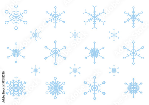 水色の線で描いた雪の結晶セットアイコン