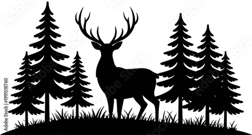 Vector of a majestic deer standing in a forest surrounded by tall pine trees.