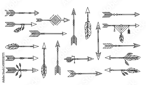 Boho arrows doodle set vector hand drawn tribal ethnic decorative arrows hipster style isolated white background