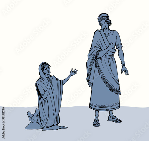 A starving woman asks for help. Vector drawing