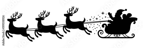 Vector of santa claus riding in his sleigh pulled by reindeer through the night sky.