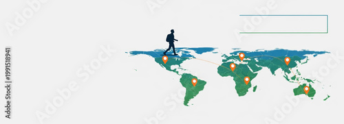 Silhouette of a person walking across a world map with location pins for global travel concept and international connectivity on white background