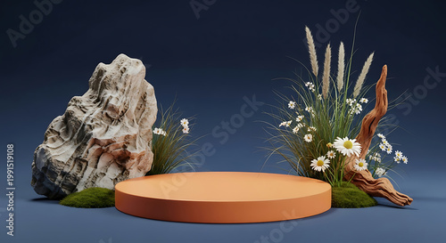 minimalist orange podium with flowers and rock arrangement