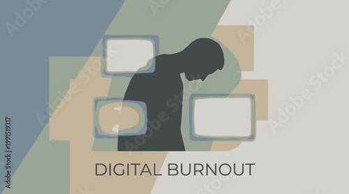 Digital burnout illustration depicting mental exhaustion and overwhelming screen fatigue, a common challenge in modern remote work lifestyles