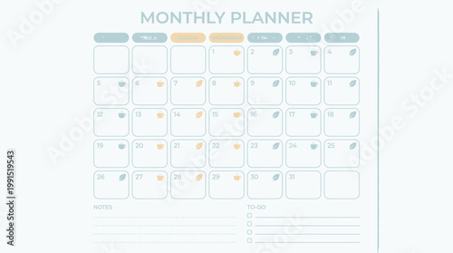 Modern and minimalist digital monthly planner template for effective time management and schedule organization, featuring a clean grid layout for task tracking and goal setting