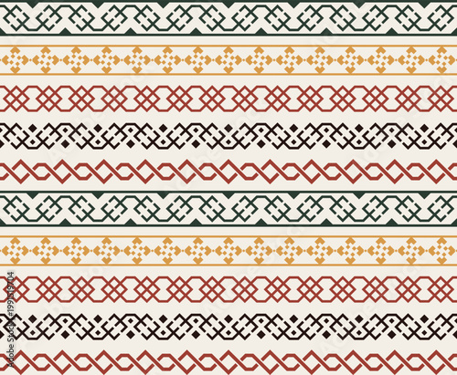 Traditional Slavic folk embroidery seamless pattern with geometric borders in red, green and ochre for ethnic textile and rustic holiday decor