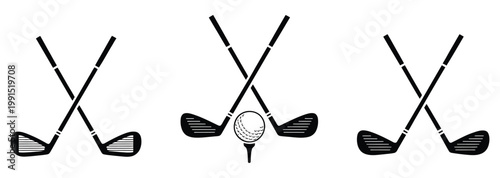 Set, of golf icons with crossed golf clubs and golf ball on tee, vector illustration, sports equipment symbols, golf game concept, tournament and leisure activity design