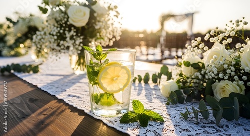 Lemon and mint beverage with floral arrangement