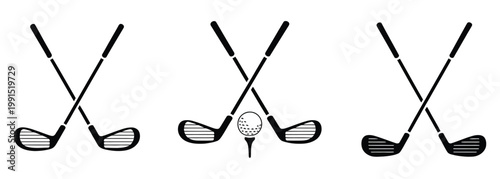 Set, of golf icons with crossed golf clubs and golf ball on tee, vector illustration, sports equipment symbols, golf game concept, tournament and leisure activity design, flat vector graphics for apps