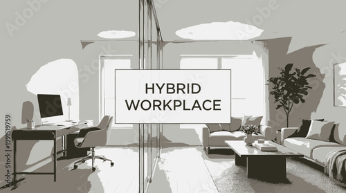 Modern Hybrid Workplace An illustration blending a productive home office with a comfortable living space for flexible work, enhancing work-life balance and efficiency