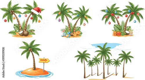 Tropical palm tree island set with coconuts, Christmas decorations, beach elements and sandy shore vector illustration exotic summer vacation collection