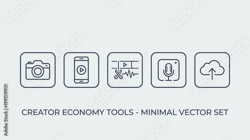 Minimal vector icons representing essential digital tools for content creators and online businesses in the evolving digital economy