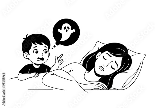 Little Boy Waking Up Sleeping Mother Due to Ghost Nightmare, Black and White Illustration of Childhood Fears and Night Terrors