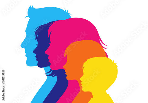 Colorful Family Silhouettes Profile Vector Illustration - Diverse Multi-Generational Group Concept for Unity, Growth, and Connection