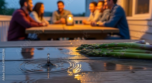 Outdoor gathering with asparagus and water droplet
