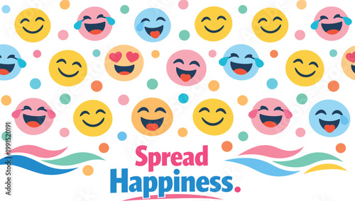 Spread happiness banner with seamless pattern of diverse laughing emoji characters, flat vector. cheerful emoticons and colorful shapes, isolated on white background. joy and positive emotions.