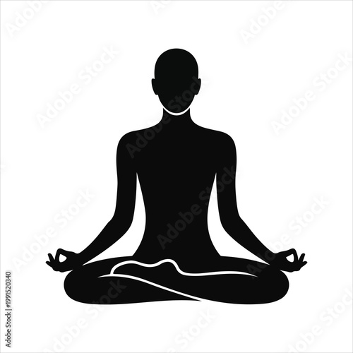 A black vector illustration of a fit woman sitting in a lotus pose silhouette to represent zen meditation, spiritual health, and peace