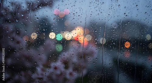 Raindrops on glass blurred lights