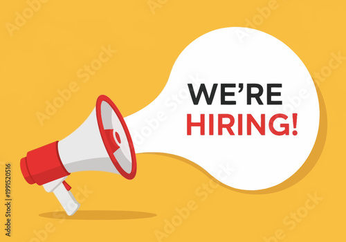 We're Hiring Banner with Megaphone and Speech Bubble on Yellow Background - Vector Illustration for Recruitment, Job Vacancy, and Talent Acquisition