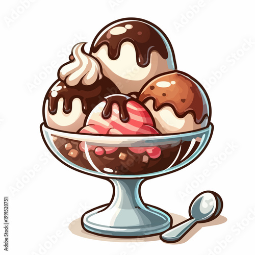 Decadent Ice Cream Sundae: A mouthwatering sundae presents an array of colorful ice cream scoops drizzled with chocolate sauce and a delicate dollop of whipped cream, a sweet treat.